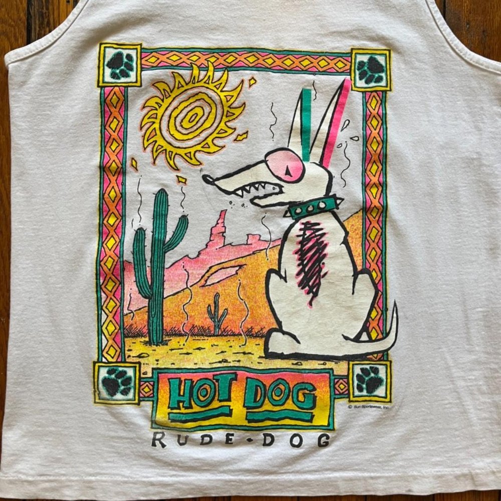 Vintage 80s Sun Sportswear Rude Dog Single Stitch Women White Multi Tank Top - Picture 3 of 4
